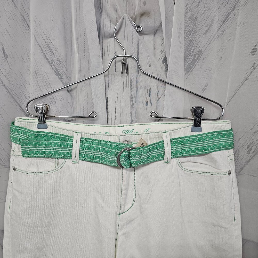 L.L. Bean White Jean Green Preppy Boot Cut Belted Cotton Jeans Size 12 - Picture 2 of 15